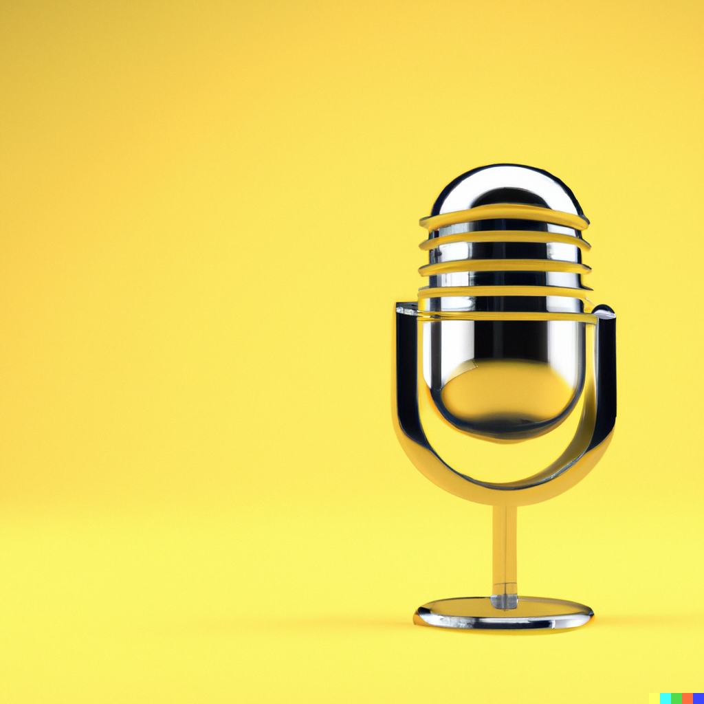 DALL-E: 3d render of a stylish podcast microphone on a light yellow background